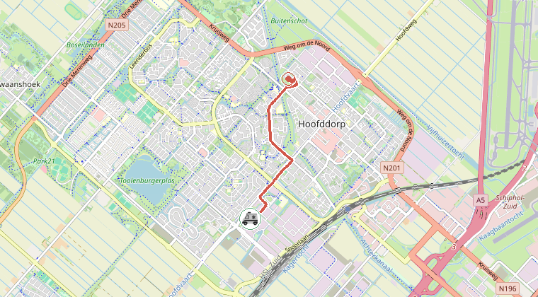Kaart van de omgeving van de melding, met de kazerne die is gealarmeerd