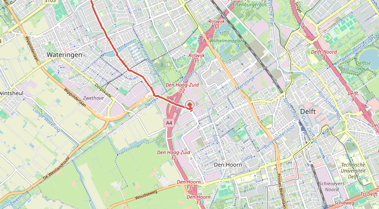 Kaart van de omgeving van de melding, met de kazerne die is gealarmeerd