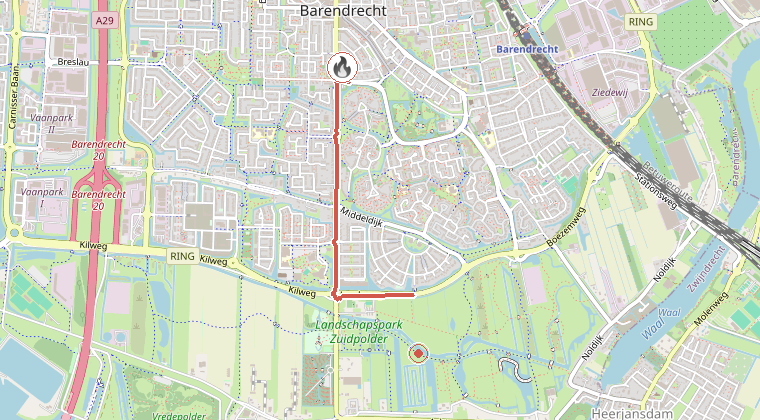 Kaart van de omgeving van de melding, met de kazerne die is gealarmeerd