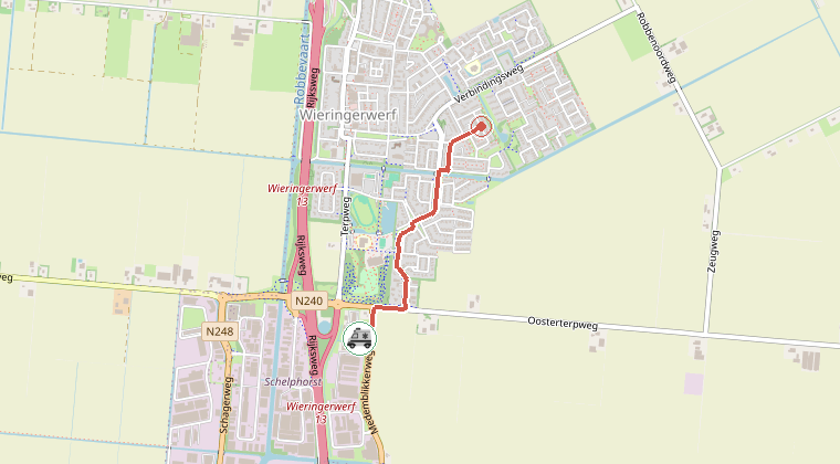 Kaart van de omgeving van de melding, met de kazerne die is gealarmeerd