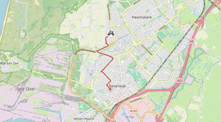 Kaart van de omgeving van de melding, met de kazerne die is gealarmeerd