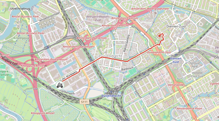 Kaart van de omgeving van de melding, met de kazerne die is gealarmeerd