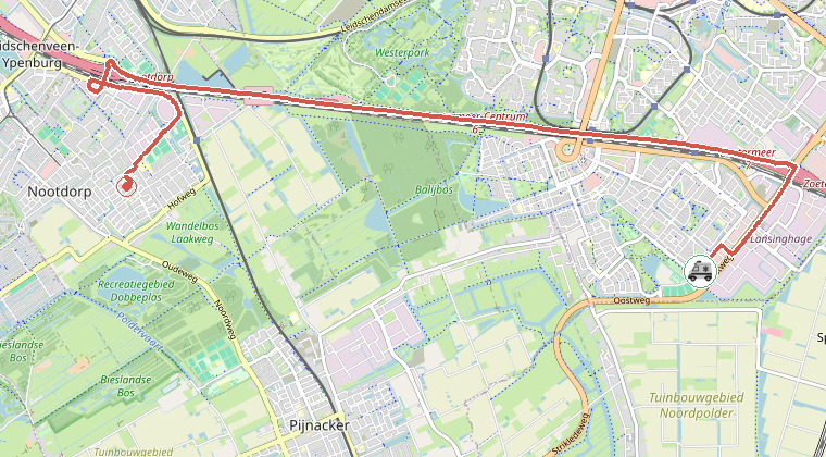 Kaart van de omgeving van de melding, met de kazerne die is gealarmeerd