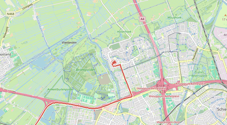 Kaart van de omgeving van de melding, met de kazerne die is gealarmeerd
