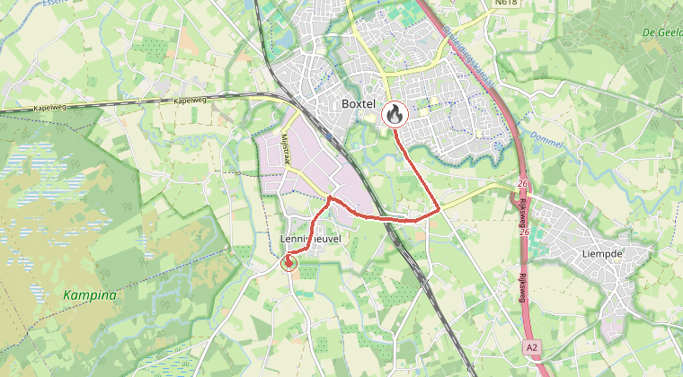 Kaart van de omgeving van de melding, met de kazerne die is gealarmeerd