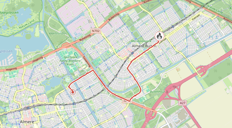 Kaart van de omgeving van de melding, met de kazerne die is gealarmeerd
