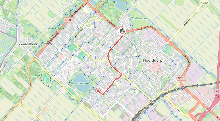 Kaart van de omgeving van de melding, met de kazerne die is gealarmeerd