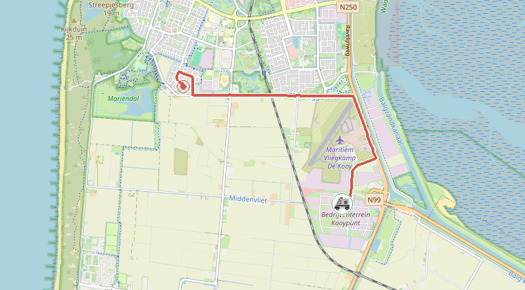 Kaart van de omgeving van de melding, met de kazerne die is gealarmeerd