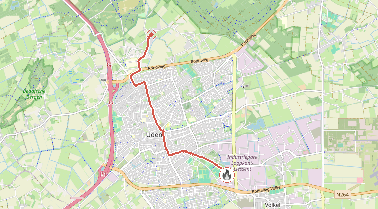 Kaart van de omgeving van de melding, met de kazerne die is gealarmeerd