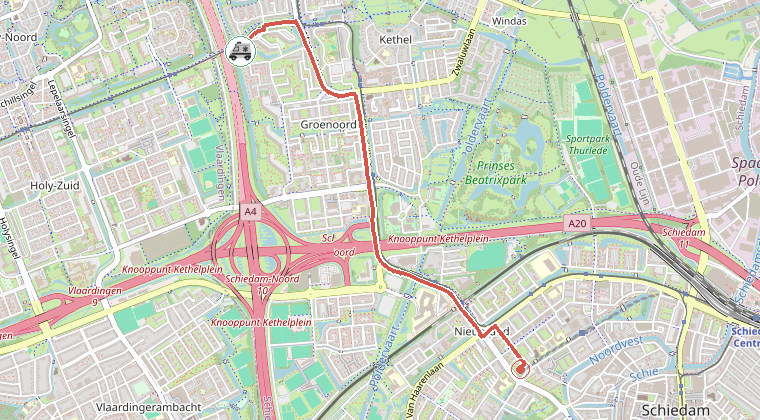 Kaart van de omgeving van de melding, met de kazerne die is gealarmeerd