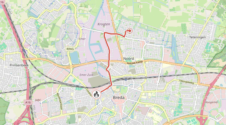 Kaart van de omgeving van de melding, met de kazerne die is gealarmeerd