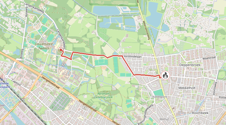 Kaart van de omgeving van de melding, met de kazerne die is gealarmeerd