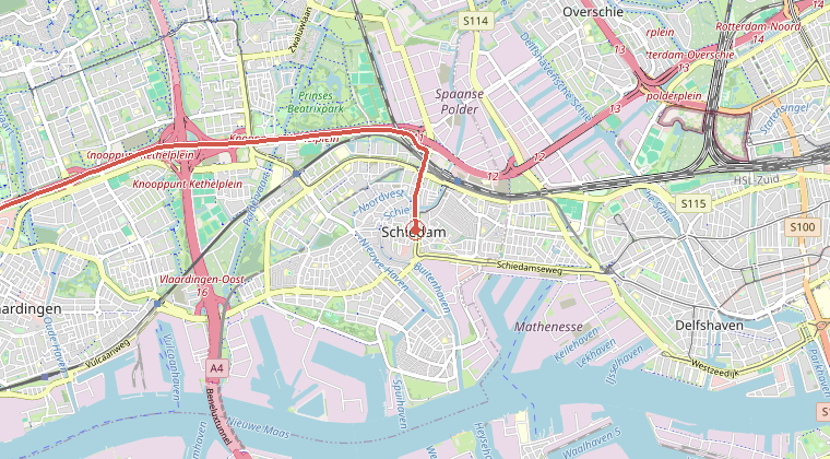 Kaart van de omgeving van de melding, met de kazerne die is gealarmeerd