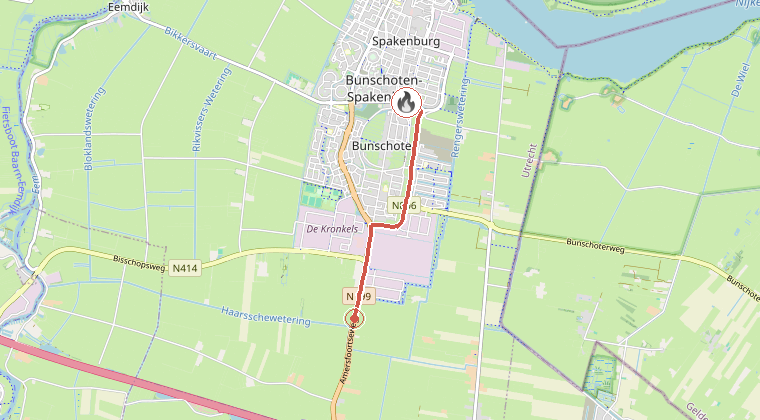 Kaart van de omgeving van de melding, met de kazerne die is gealarmeerd