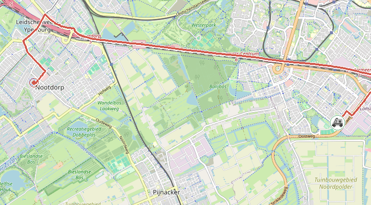 Kaart van de omgeving van de melding, met de kazerne die is gealarmeerd