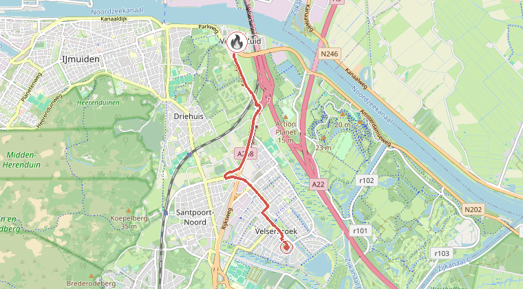 Kaart van de omgeving van de melding, met de kazerne die is gealarmeerd
