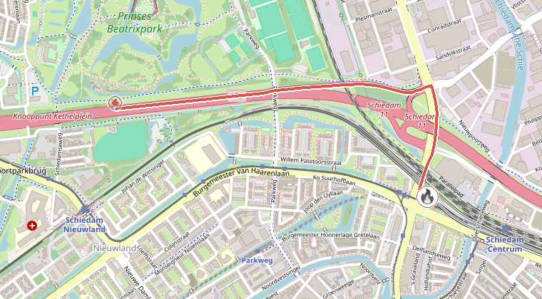 Kaart van de omgeving van de melding, met de kazerne die is gealarmeerd