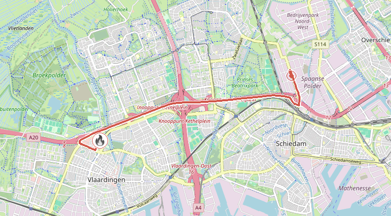 Kaart van de omgeving van de melding, met de kazerne die is gealarmeerd