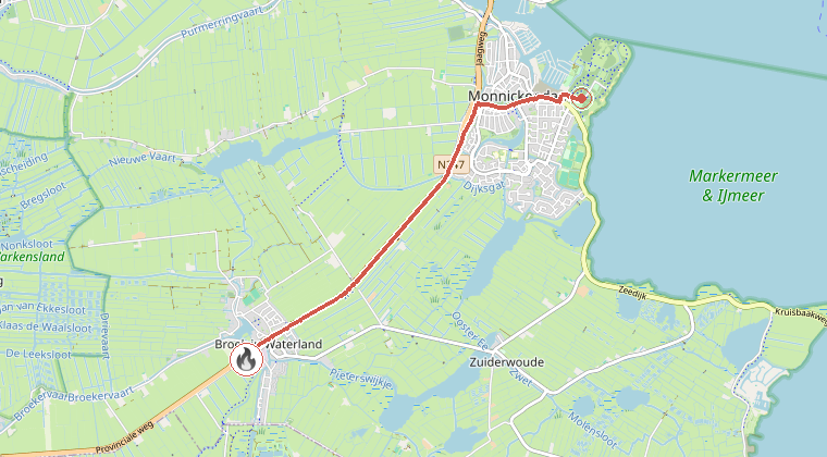 Kaart van de omgeving van de melding, met de kazerne die is gealarmeerd