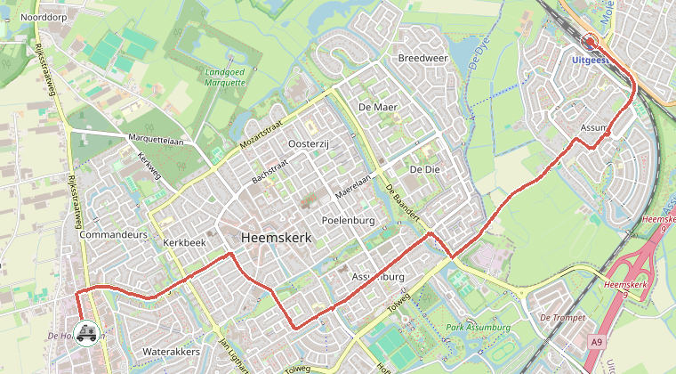 Kaart van de omgeving van de melding, met de kazerne die is gealarmeerd