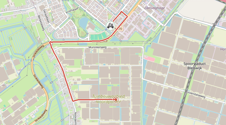 Kaart van de omgeving van de melding, met de kazerne die is gealarmeerd