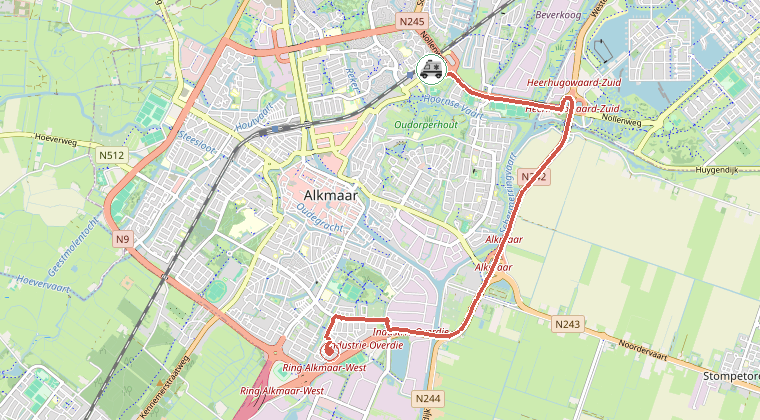 Kaart van de omgeving van de melding, met de kazerne die is gealarmeerd