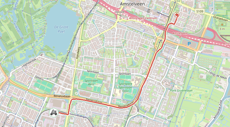 Kaart van de omgeving van de melding, met de kazerne die is gealarmeerd