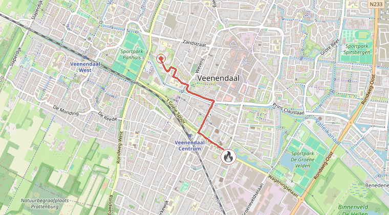 Kaart van de omgeving van de melding, met de kazerne die is gealarmeerd
