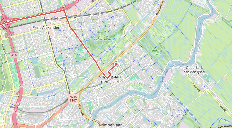 Kaart van de omgeving van de melding, met de kazerne die is gealarmeerd