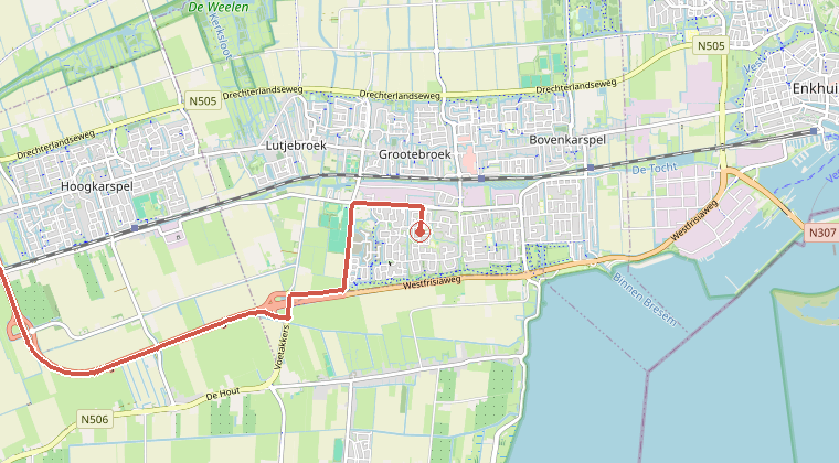 Kaart van de omgeving van de melding, met de kazerne die is gealarmeerd