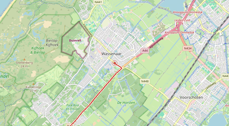 Kaart van de omgeving van de melding, met de kazerne die is gealarmeerd