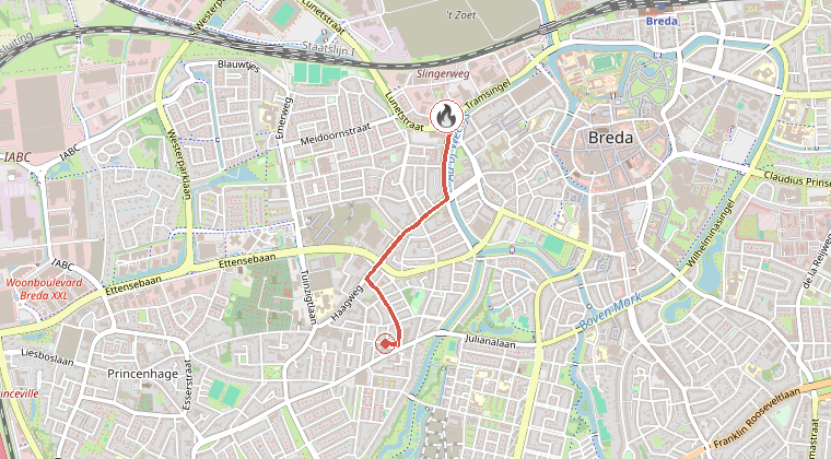 Kaart van de omgeving van de melding, met de kazerne die is gealarmeerd