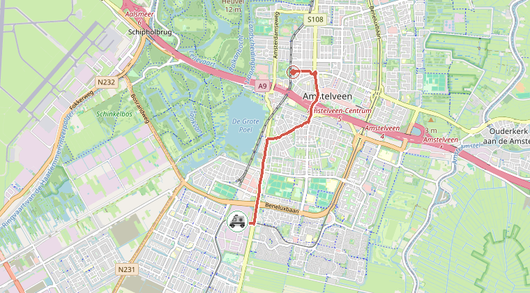 Kaart van de omgeving van de melding, met de kazerne die is gealarmeerd