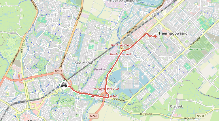 Kaart van de omgeving van de melding, met de kazerne die is gealarmeerd