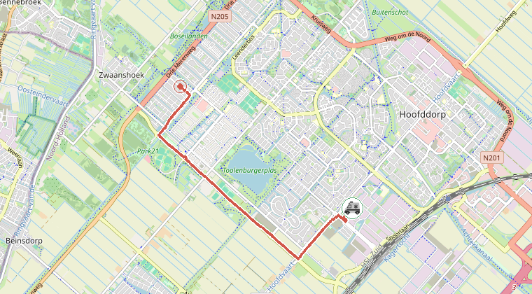 Kaart van de omgeving van de melding, met de kazerne die is gealarmeerd