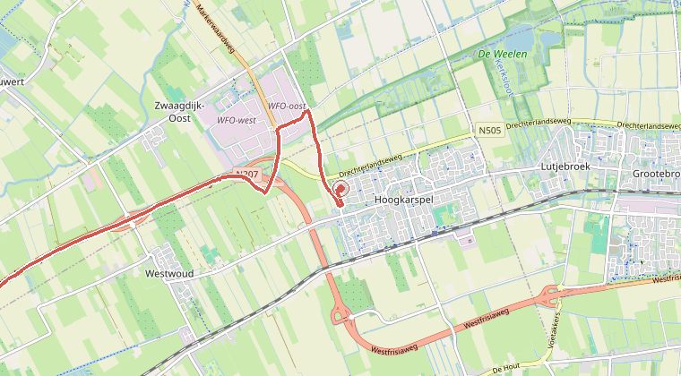 Kaart van de omgeving van de melding, met de kazerne die is gealarmeerd