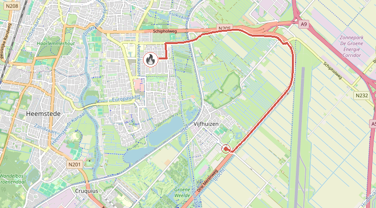 Kaart van de omgeving van de melding, met de kazerne die is gealarmeerd