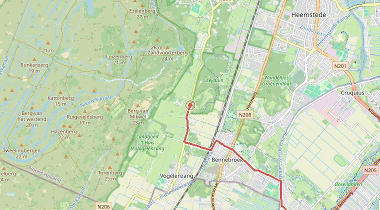 Kaart van de omgeving van de melding, met de kazerne die is gealarmeerd