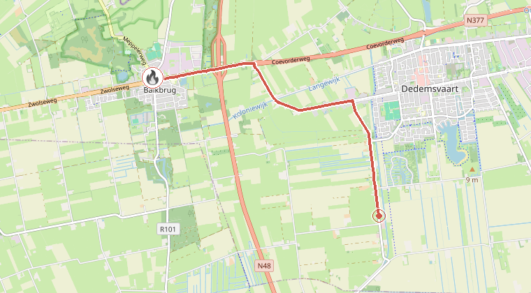 Kaart van de omgeving van de melding, met de kazerne die is gealarmeerd