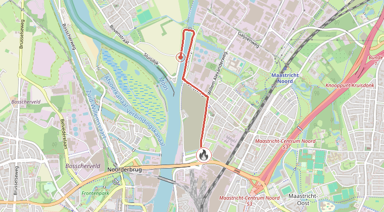 Kaart van de omgeving van de melding, met de kazerne die is gealarmeerd
