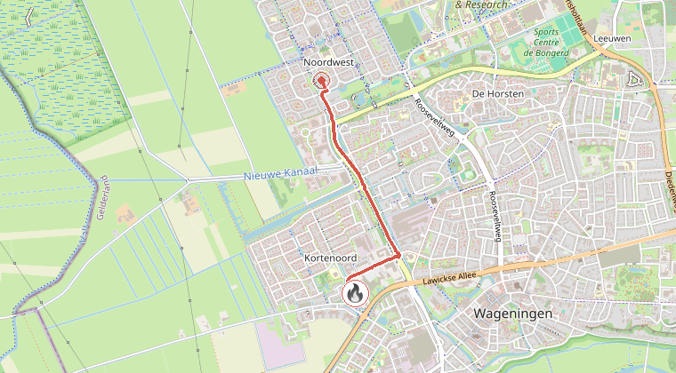 Kaart van de omgeving van de melding, met de kazerne die is gealarmeerd
