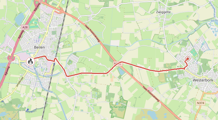 Kaart van de omgeving van de melding, met de kazerne die is gealarmeerd