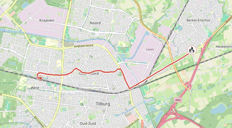 Kaart van de omgeving van de melding, met de kazerne die is gealarmeerd