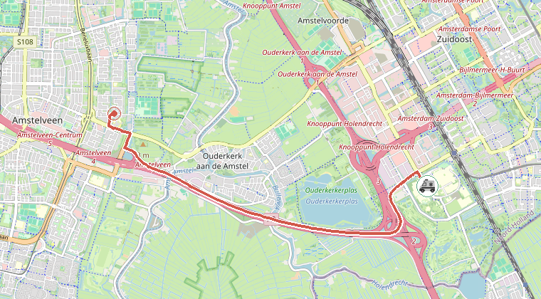 Kaart van de omgeving van de melding, met de kazerne die is gealarmeerd