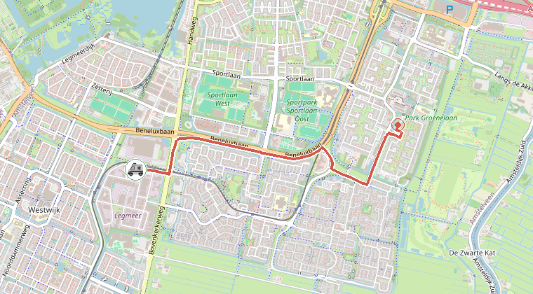 Kaart van de omgeving van de melding, met de kazerne die is gealarmeerd