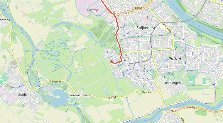 Kaart van de omgeving van de melding, met de kazerne die is gealarmeerd