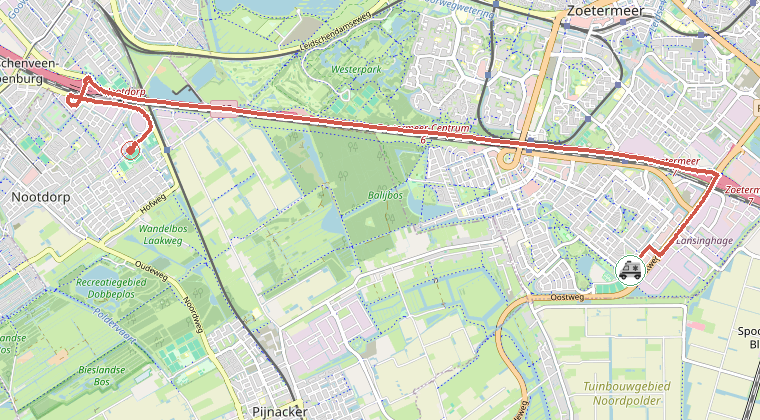 Kaart van de omgeving van de melding, met de kazerne die is gealarmeerd