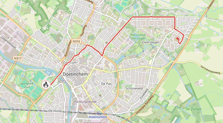 Kaart van de omgeving van de melding, met de kazerne die is gealarmeerd