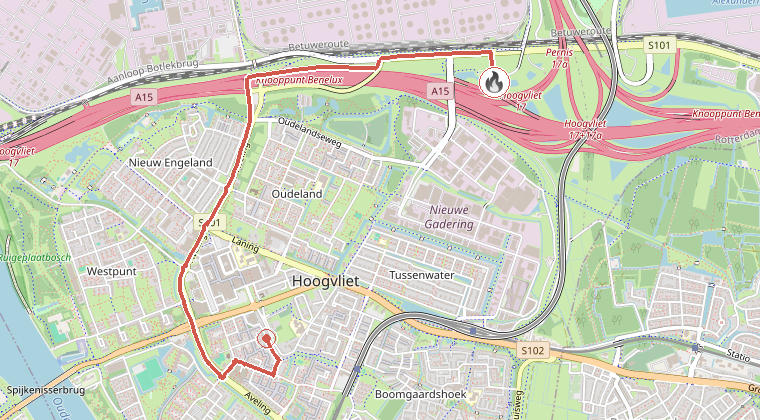Kaart van de omgeving van de melding, met de kazerne die is gealarmeerd