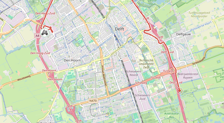 Kaart van de omgeving van de melding, met de kazerne die is gealarmeerd